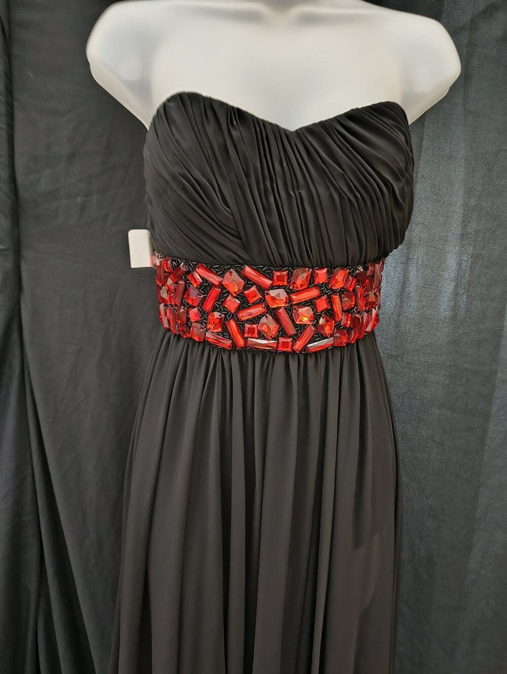 Claudine Strapless Black Gown with Red Beaded Waist - Picture 2 of 6